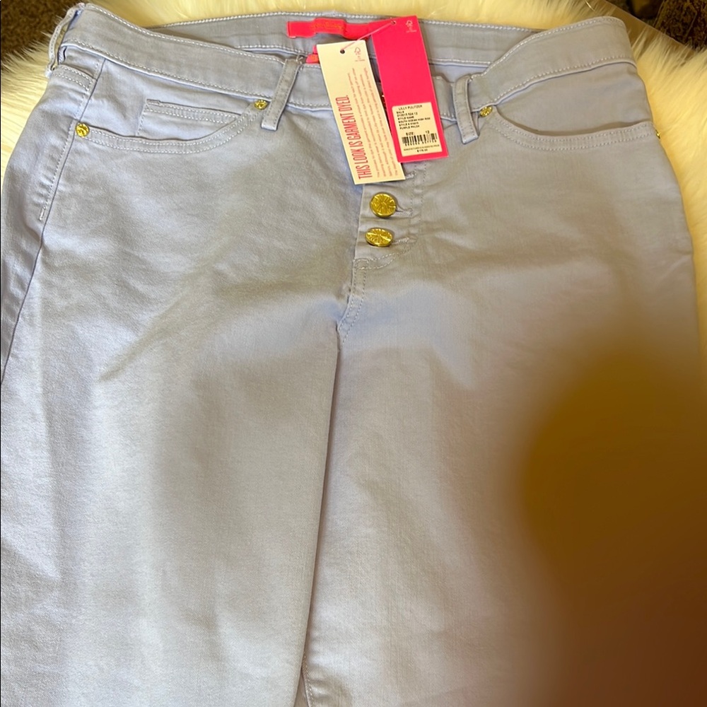 Lilly Pulitzer South Ocean High Rise  Stylish Lavender  Gold Button Jeans 12 NWT